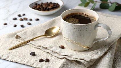 A steaming white mug of rich, dark coffee sits gracefully on a textured linen napkin beside a gleaming brass spoon.
