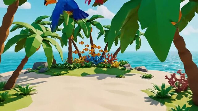 Cartoon island paradise with palm trees ocean and fish animation