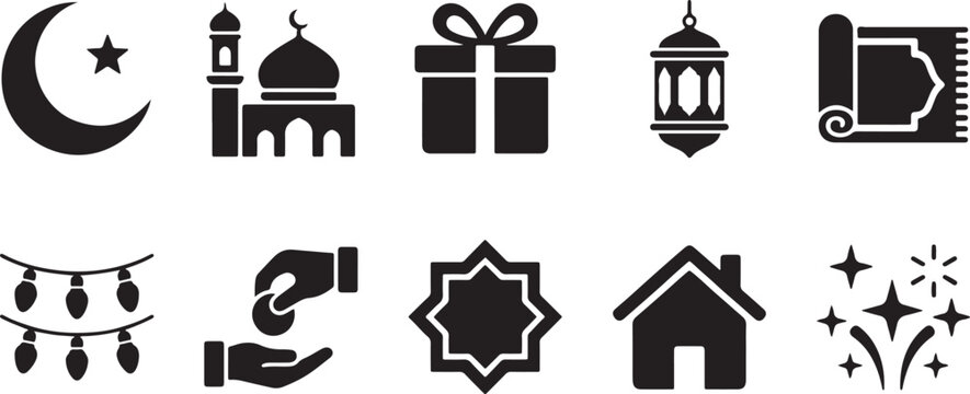 Collection of islamic icons celebrating ramadan and eid al-fitr in simple black silhouette style
