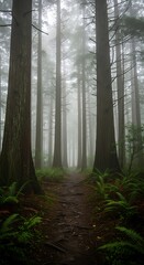 Obraz premium Misty Forest Trail - A Serene Path Through the Woods.
