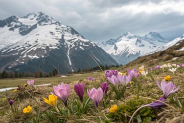 Obraz premium Blooming spring flowers in spring at the background of snow mountains
