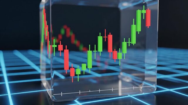 Abstract stock market chart encased in clear cube on a grid
