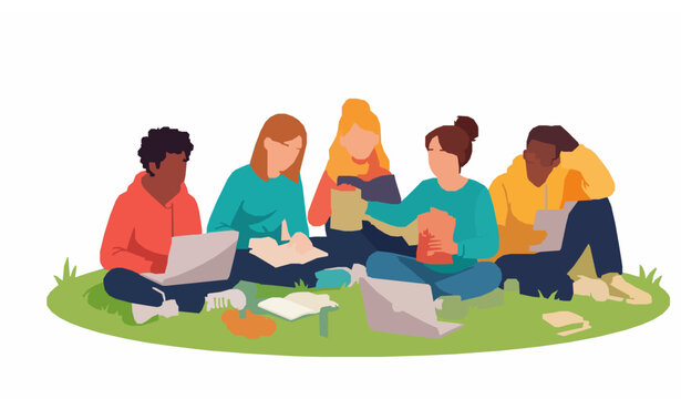 Campus yard students vector illustration with diverse teenagers studying and snacking outdoors