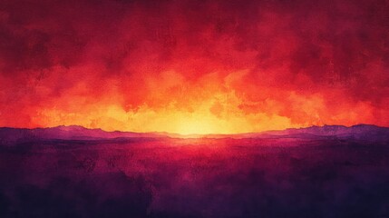 Obraz premium bold red sunset sky with textured watercolor brush strokes, fading orange and purple horizon