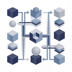 Obraz premium An abstract isometric illustration of connected geometric blocks and arrows representing data flow, system architecture, modular processes, and structured digital workflows.