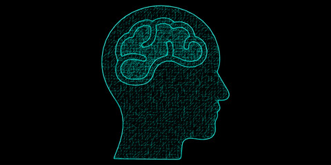 Obraz premium Human Head Silhouette with AI Brain Neural Network - Cyan Neon Digital Mesh for Machine Learning