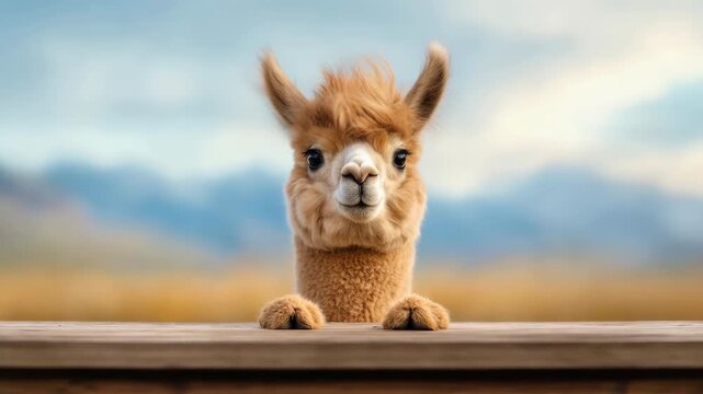 Curious alpaca peeks over wooden fence then rises into view against soft mountain landscape