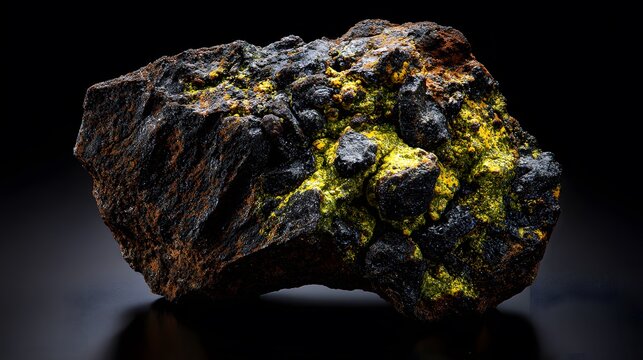 Uranium ore is a dense dark-colored rock that can show green