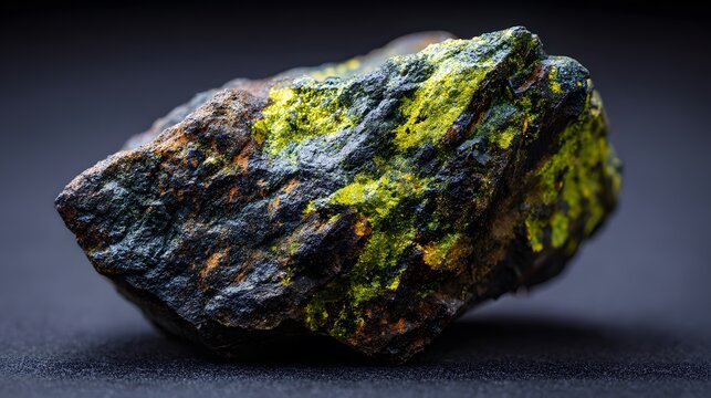 Uranium ore is a dense dark-colored rock that can show green