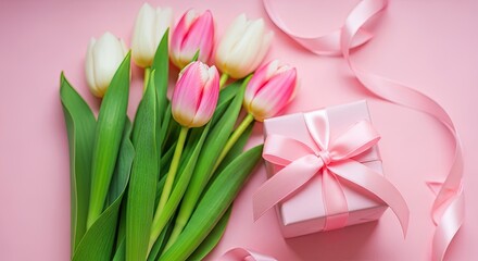Fototapeta premium Beautiful tulips and gift box for mother's day celebration