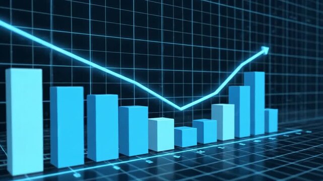 Downward trending bar chart on grid with arrow indicating decline