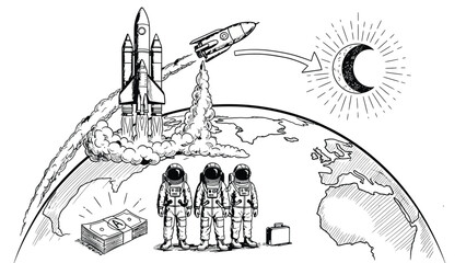 Illustration of three astronauts on Earth with a rocket launching toward the moon, symbolizing exploration. Nearby are stacks of money and a briefcase. © Yesyx