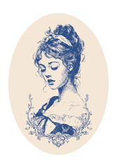 modern rococo inspired cameo poster with young lady, romance look, classical vintage ornament details, elegant pose