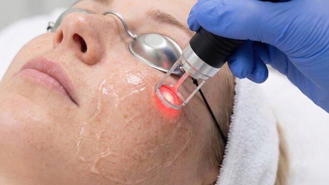 Woman undergoing laser facial treatment for skin rejuvenation at aesthetic clinic