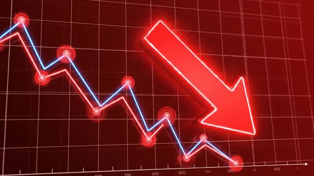 Dramatic stock market decline on red grid background with blue line