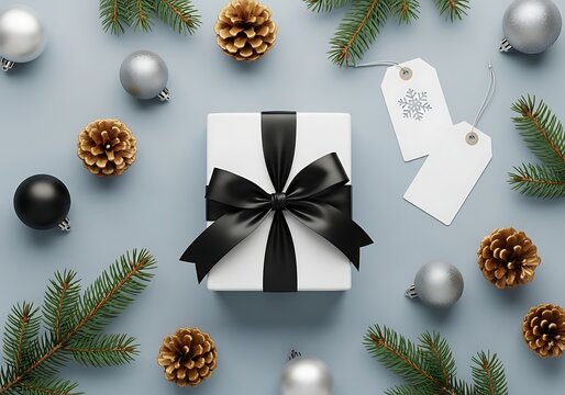 A beautifully wrapped white gift box with a black satin bow, surrounded by pine branches, pinecones, and silver and black ornaments on a blue background