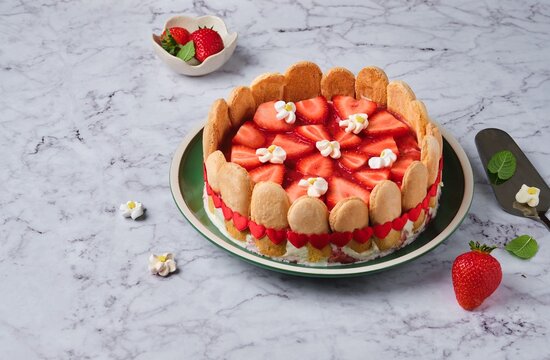 Round tiramisu cake with fresh strawberries and mascarpone cream decorated with marshmello flowers on a green plate on a light marble background. No-bake desserts.