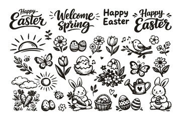 Fototapeta premium Hand-drawn black and white Easter and spring doodles featuring bunnies, eggs, flowers, butterflies, and birds on a white background