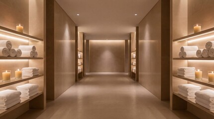 A serene spa corridor with shelves of plush white towels and warm candlelight, styled for premium wellness advertising with copy space.