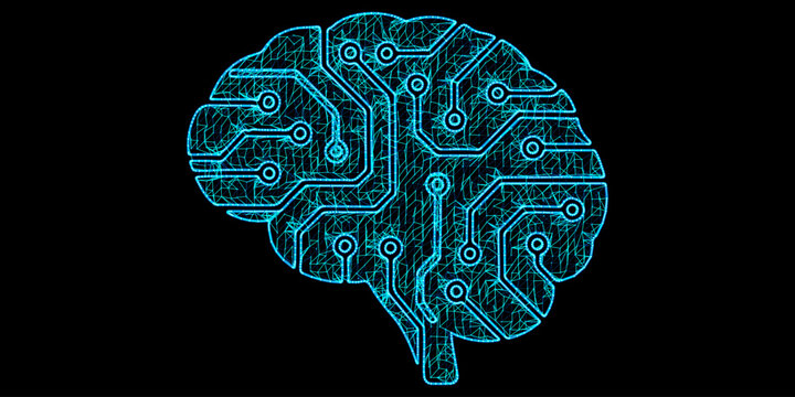 Artificial Intelligence Neural Network Brain - Digital Mind with Cyber Circuitry and Neon Mesh Vector