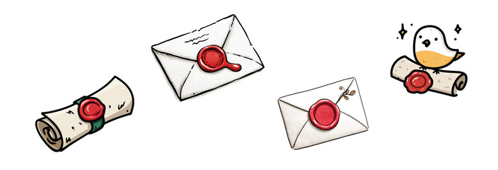 hand-drawn cartoon illustration of a white envelope with a red wax seal, black line art with color fill, minimalistic postal stationery design