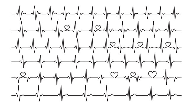 Red heartbeat line collection with heart symbol, cardiology, medical pulse, ECG, EKG design, healthcare clipart vector illustration, health monitoring, digital heartbeat graphics