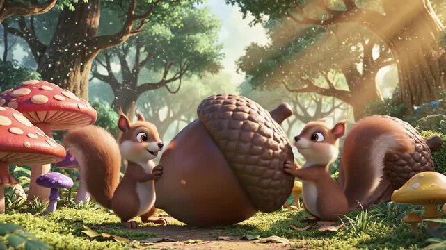 Animated squirrels with large acorn in a forest setting