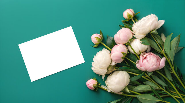 Elegant floral greeting card featuring beautiful pink peonies perfect for greetings for various special occasions. Mother's Day, Woman's Day, Anniversary, Birthday gift.