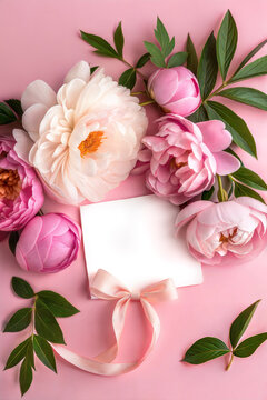 A Peony Bouquet with a Blank Card and Ribbon