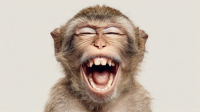 Portrait of a monkey laughing with wide open mouth revealing teeth on plain white background for viral funny meme