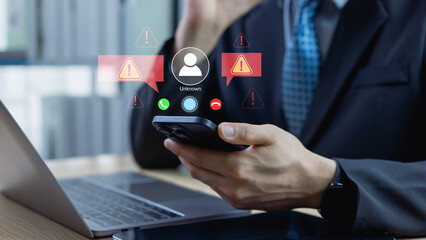 Cyber security alert for mobile phone scam and fraud, spam call warning from unknown number,...