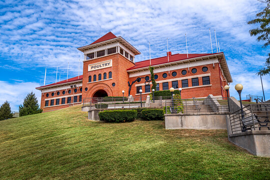 Springfield, IL&mdash;Sept 9, 2025; The historic Poultry Building at the Illinois State Fairgrounds in Springfield, Illinois, known for its distinctive brick architecture and agricultural exhibition history