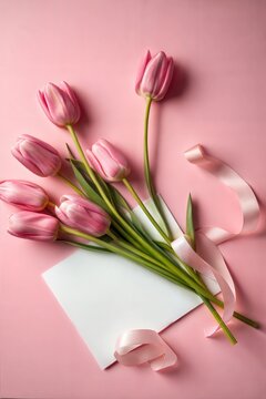 A lovely bunch of pink tulips tied with a ribbon next to an envelope on a soft pink background