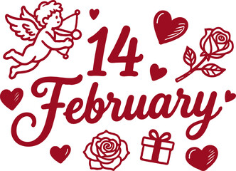 Cupid, hearts, roses, and gift symbols in red with 14 February text in calligraphy on transparent background, concept of Valentine's Day celebration