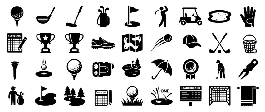 Golf Icons Collection: An extensive array of monochromatic golf icons showcases various elements of the sport, from equipment to course features.