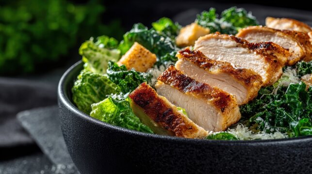 Grilled chicken caesar salad with kale and croutons.