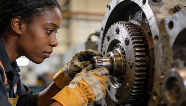 focused young black female mechanical engineer wearing safety gloves while repairing industrial engine gears and heavy machinery in a factory workshop
