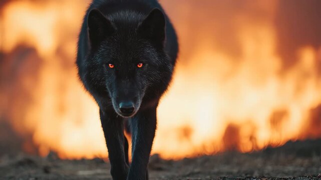 Black wolf walking towards the camera with orange eyes amidst a large fire