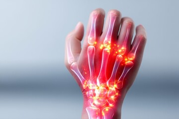 Detailed Illustration of Hand Anatomy Showing Inflammation with Red Indicator