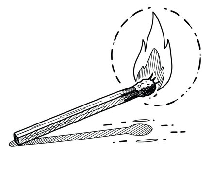 Black and white sketch of a lit matchstick with a flame. The flame is surrounded by dotted lines, creating a dynamic, lively feel.