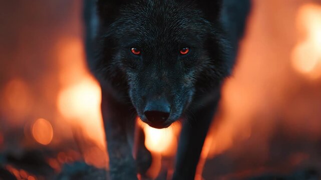 Closeup of a black wolf with glowing orange eyes in a fiery background