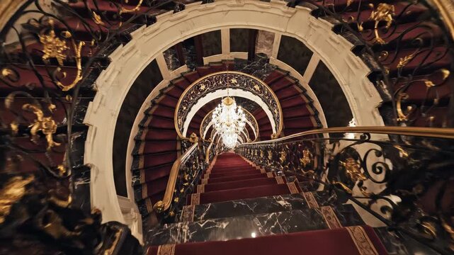 Ascending a majestic sweeping staircase adorned with a rich red carpet and intricate gold balustrades, beneath a sparkling crystal chandelier.