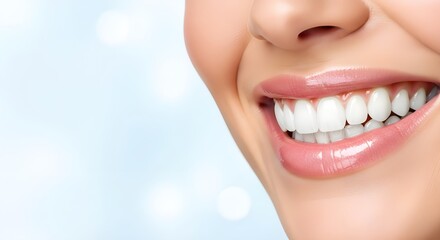 Fototapeta premium Close-up of a smiling woman's mouth with perfect white teeth and healthy gums, dental care concept