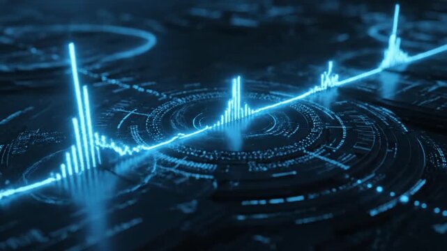 High Tech 3D Digital Audio Spectrum Visualizer with Glowing Blue Neon Lights on Futuristic Interface Background