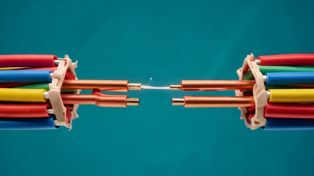 A broken electrical cable with exposed wires on a teal background