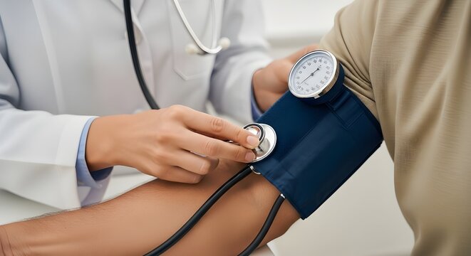 Doctor checking patient's blood pressure with a manual sphygmomanometer and stethoscope, close-up of arm and medical equipment