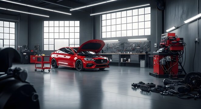 Red sports car with open hood in a spacious, clean auto repair garage with tools and equipment, automotive workshop interior
