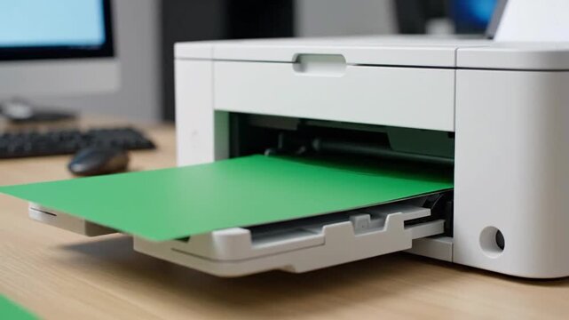 Modern printer printing green paper concept office technology background