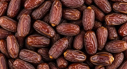 Pile of dried Medjool dates, dark brown wrinkled texture, sweet fruit snack, full frame background