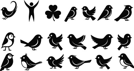 Black bird silhouette icon set featuring flying, perched, and singing birds, plus human and clover symbols, clean vector collection for logos, patterns, apps, and graphic design projects